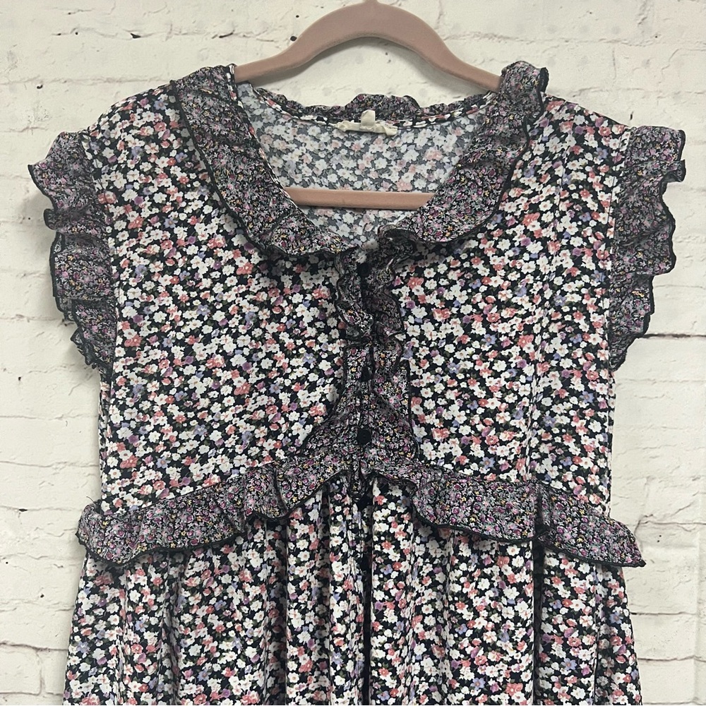 Easel Tiered Midi Dress Purple Floral Ruffle Sleeve Boho Cottage Core Large - Picture 9 of 12